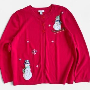 Vintage Mercer Street Studio Red Christmas Snowman Cardigan Sweater L